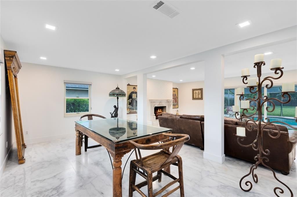 Chandelier, Dining room, Fireplace, Interior, Living room, Marble, Recessed Lighting