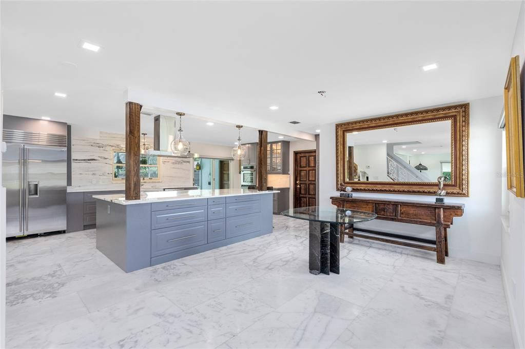 Interior, Kitchen, Marble, Pendant Lights, Recessed Lighting, Stainless Steel Appliances