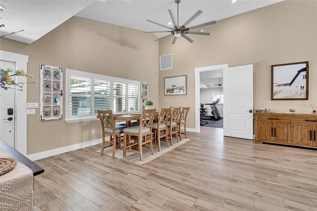 Dining room, Interior, Recessed Lighting, Wood Texture Flooring