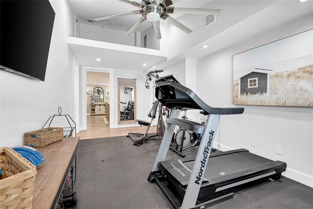 Fitness Equipment, Gym, Interior, Recessed Lighting, Wood Texture Flooring