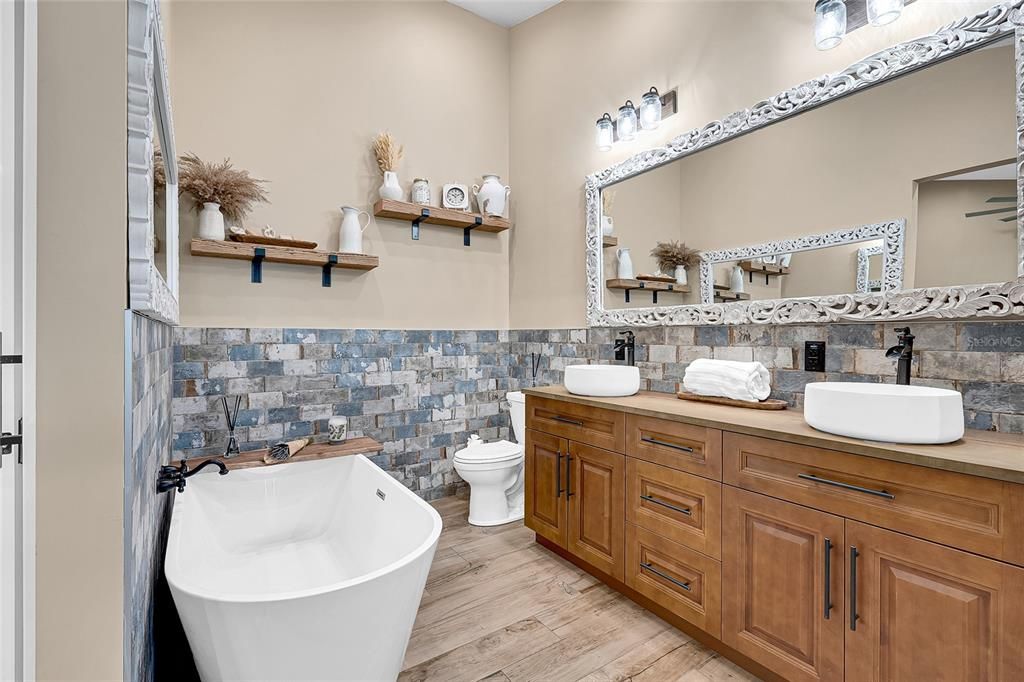 Bathroom, Dual Sink Vanities, Free Standing Baths, Interior, Wood Texture Flooring