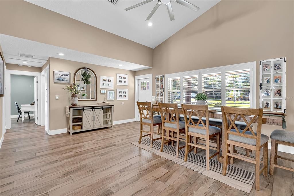 Dining room, Interior, Recessed Lighting, Wood Texture Flooring