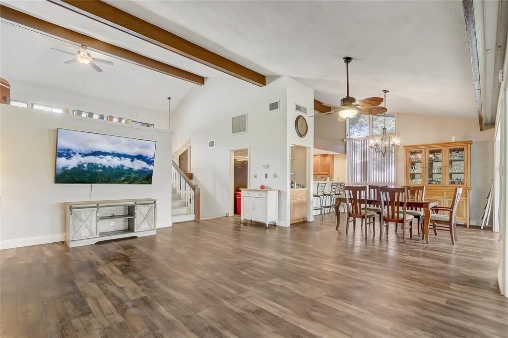 Chandelier, Dining room, Interior, Wooden Beams, Wood Texture Flooring