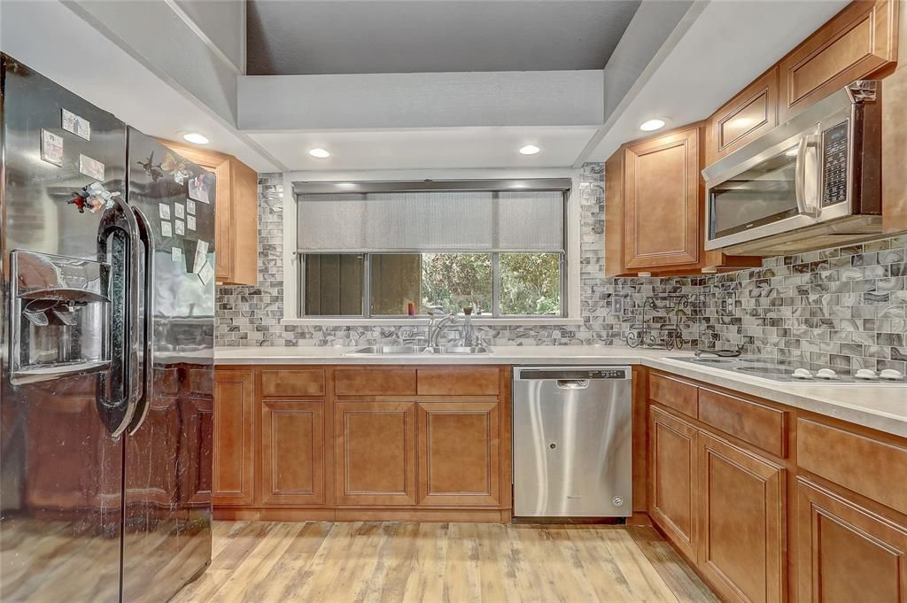 Interior, Kitchen, Recessed Lighting, Stainless Steel Appliances, Wood Texture Flooring