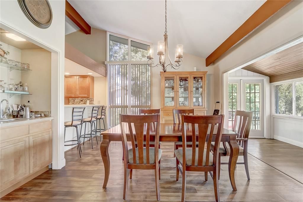 Chandelier, Dining room, Interior, Wooden Beams, Wood Texture Flooring