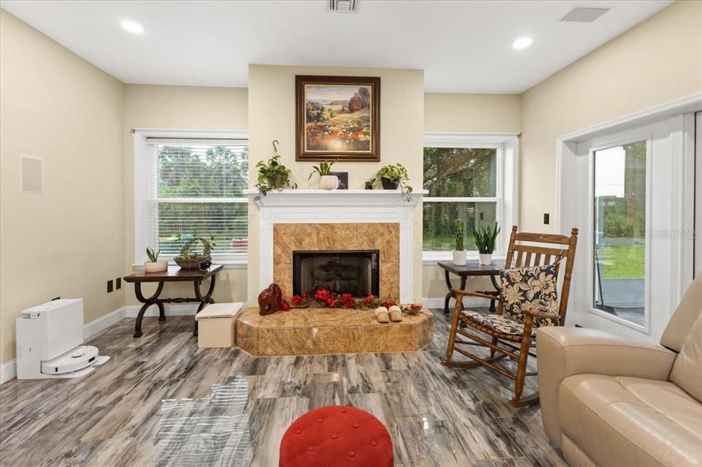 Fireplace, Interior, Recessed Lighting, Wood Texture Flooring