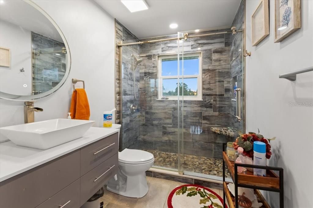 Bathroom, Glass Shower, Interior, Recessed Lighting, Wood Texture Flooring