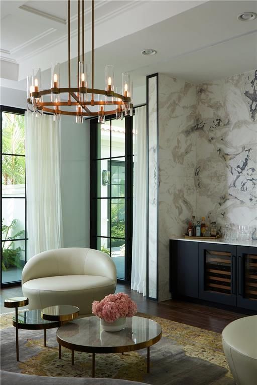 Chandelier, Interior, Marble Walls, Recessed Lighting, Wood Texture Flooring