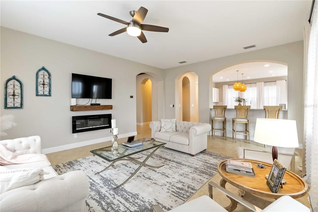 Dining room, Fireplace, Interior, Kitchen, Living room, Pendant Lights, Recessed Lighting
