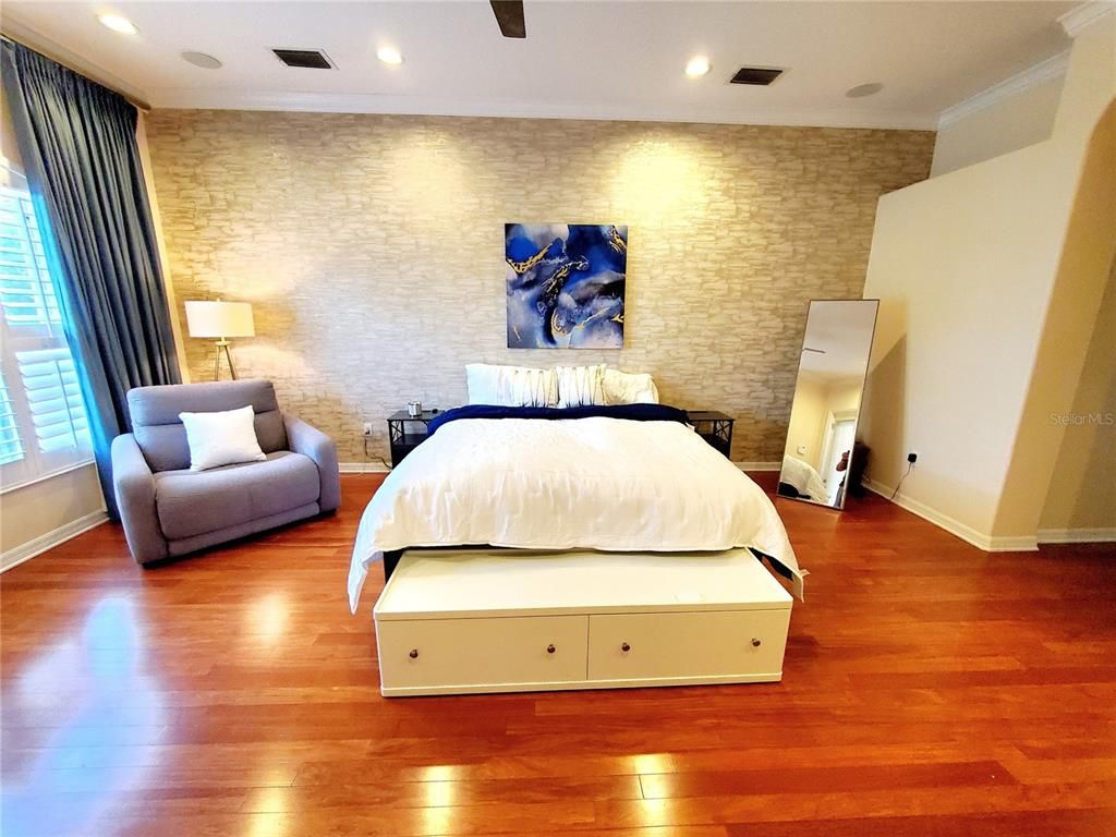 Bedroom, Interior, Recessed Lighting, Stone Walls, Wood Texture Flooring