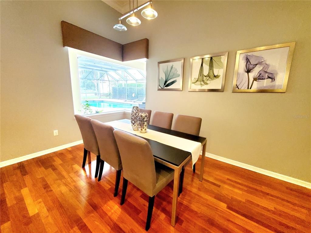 Dining room, Interior, Pendant Lights, Wood Texture Flooring