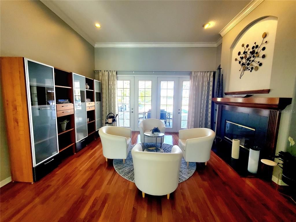 Fireplace, Interior, Living room, Recessed Lighting, Wood Texture Flooring