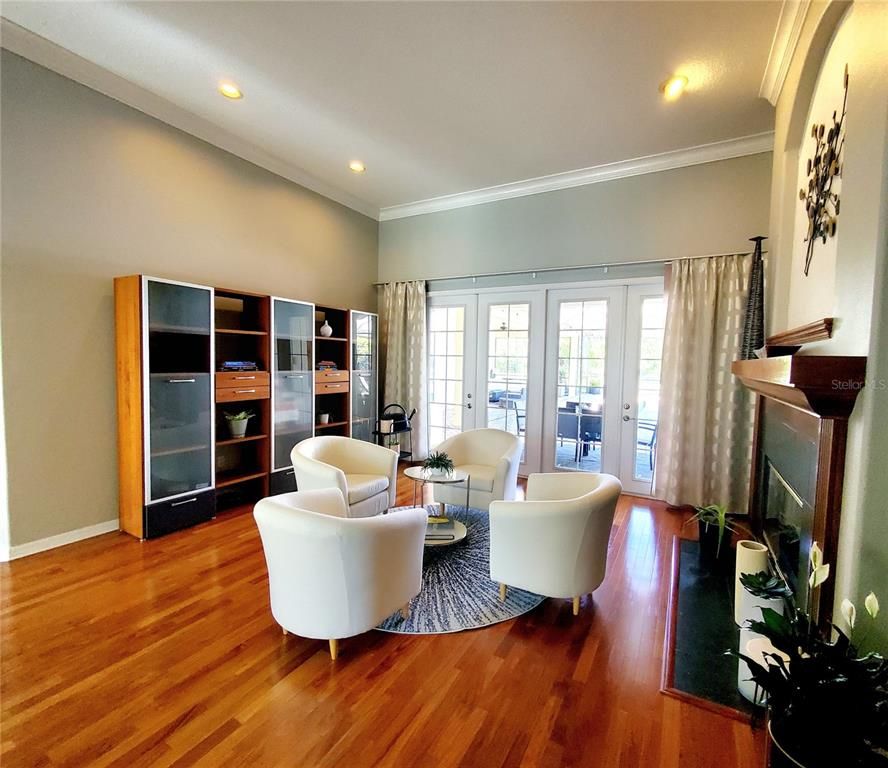 Fireplace, Interior, Living room, Recessed Lighting, Wood Texture Flooring