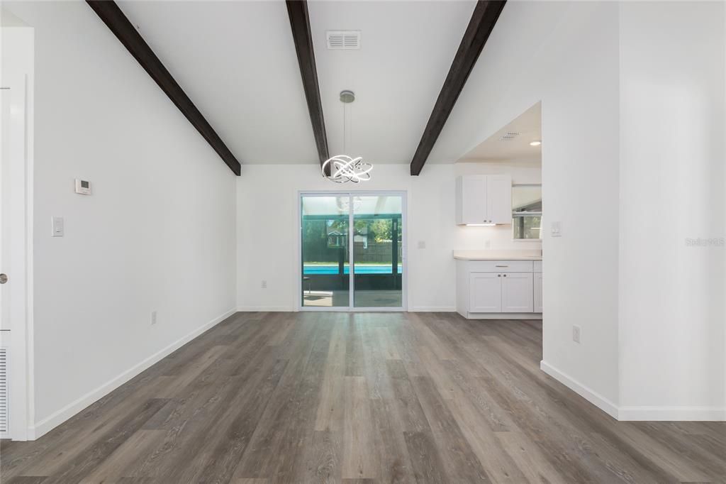 Empty room, Interior, Pendant Lights, Recessed Lighting, Wooden Beams, Wood Texture Flooring