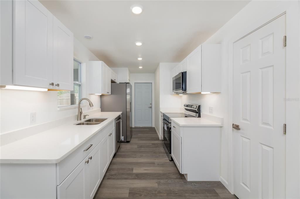 Interior, Kitchen, Recessed Lighting, Wood Texture Flooring