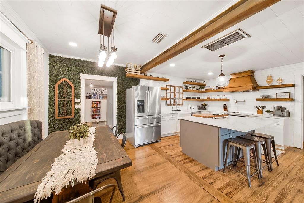 Dining room, Interior, Kitchen, Pendant Lights, Recessed Lighting, Stainless Steel Appliances, Wooden Beams, Wood Texture Flooring