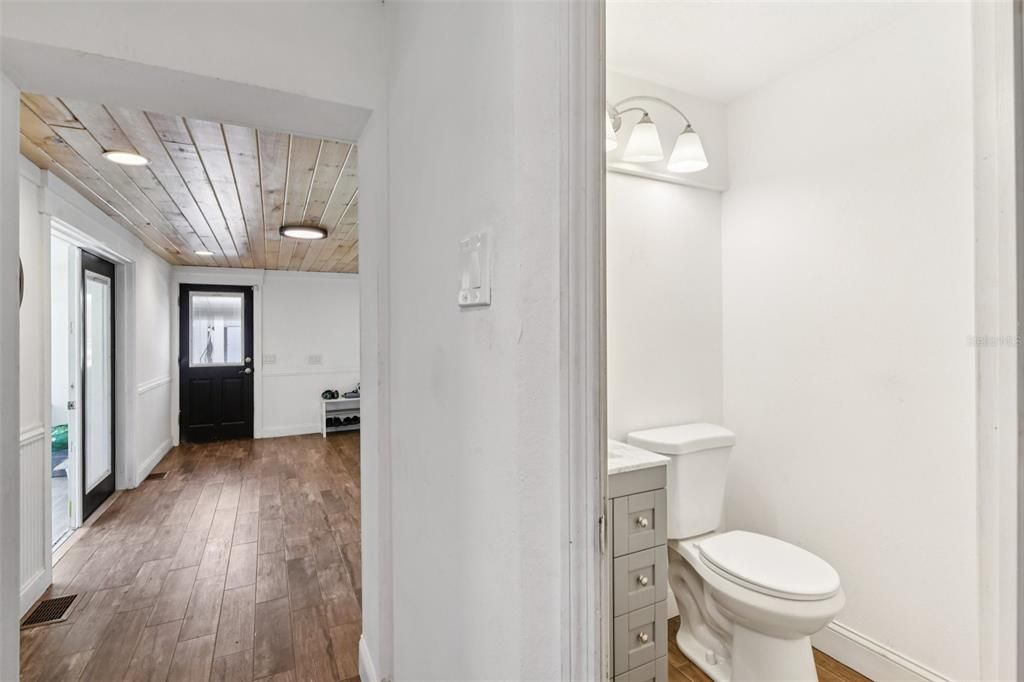 Bathroom, Interior, Recessed Lighting, Wooden Ceilings, Wood Texture Flooring