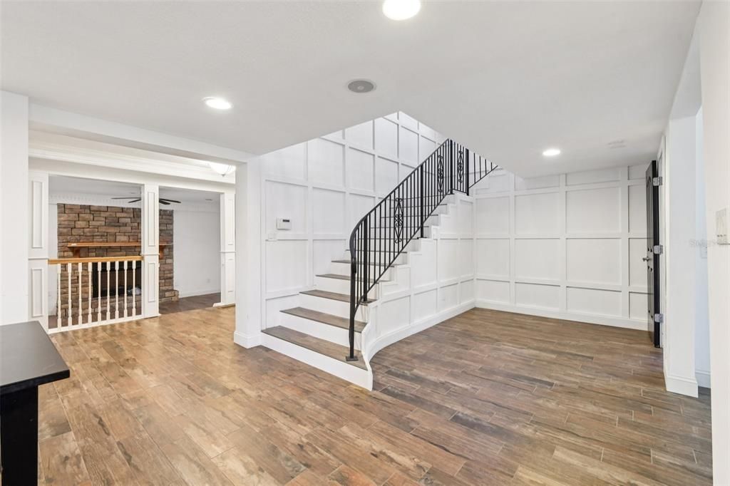 Empty room, Interior, Recessed Lighting, Stone Walls, Wood Texture Flooring