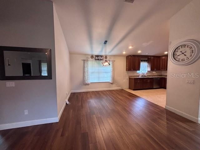 Empty room, Interior, Kitchen, Pendant Lights, Recessed Lighting, Wood Texture Flooring