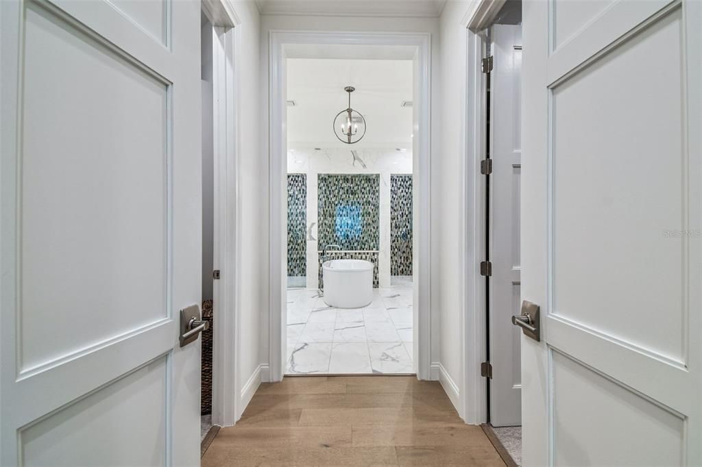 Bathroom, Interior, Marble, Pendant Lights, Wood Texture Flooring