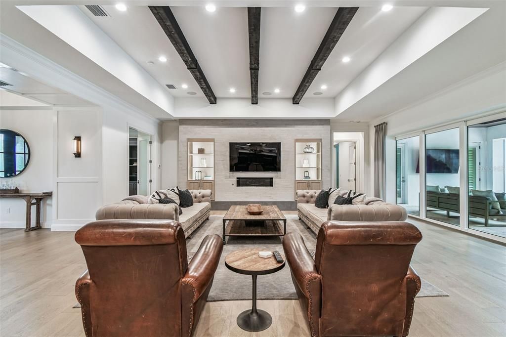Fireplace, Interior, Living room, Recessed Lighting, Wooden Beams, Wood Texture Flooring