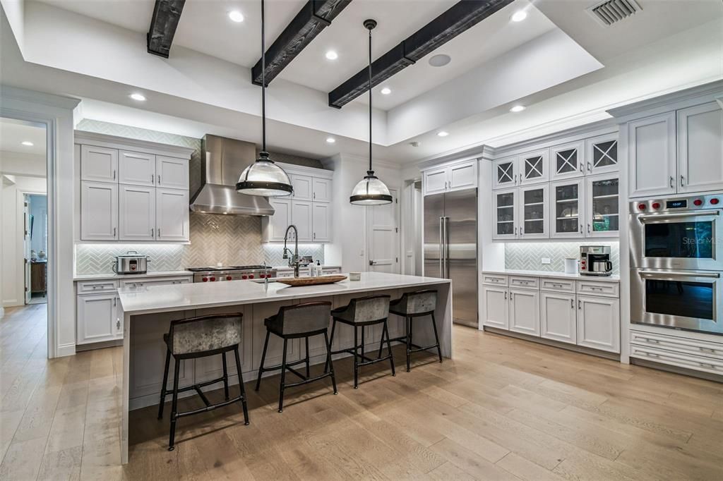 Interior, Kitchen, Pendant Lights, Recessed Lighting, Stainless Steel Appliances, Wooden Beams, Wood Texture Flooring