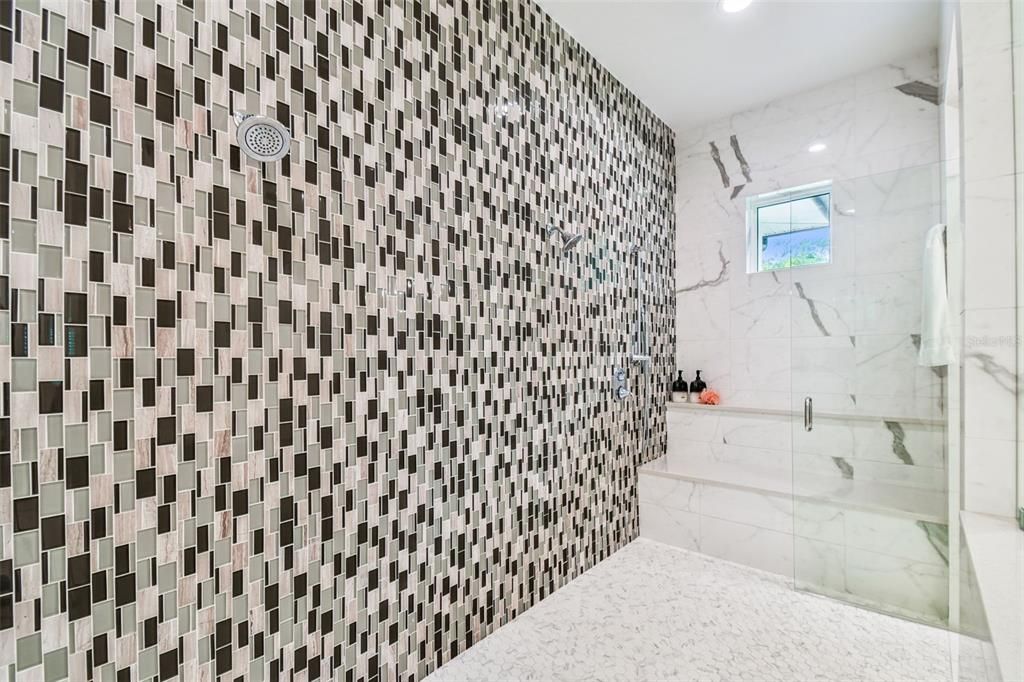 Bathroom, Glass Shower, Interior, Marble Walls, Recessed Lighting