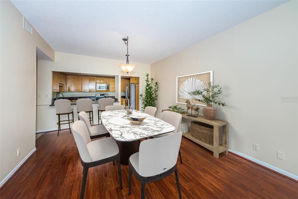 Dining room, Interior, Kitchen, Pendant Lights, Wood Texture Flooring