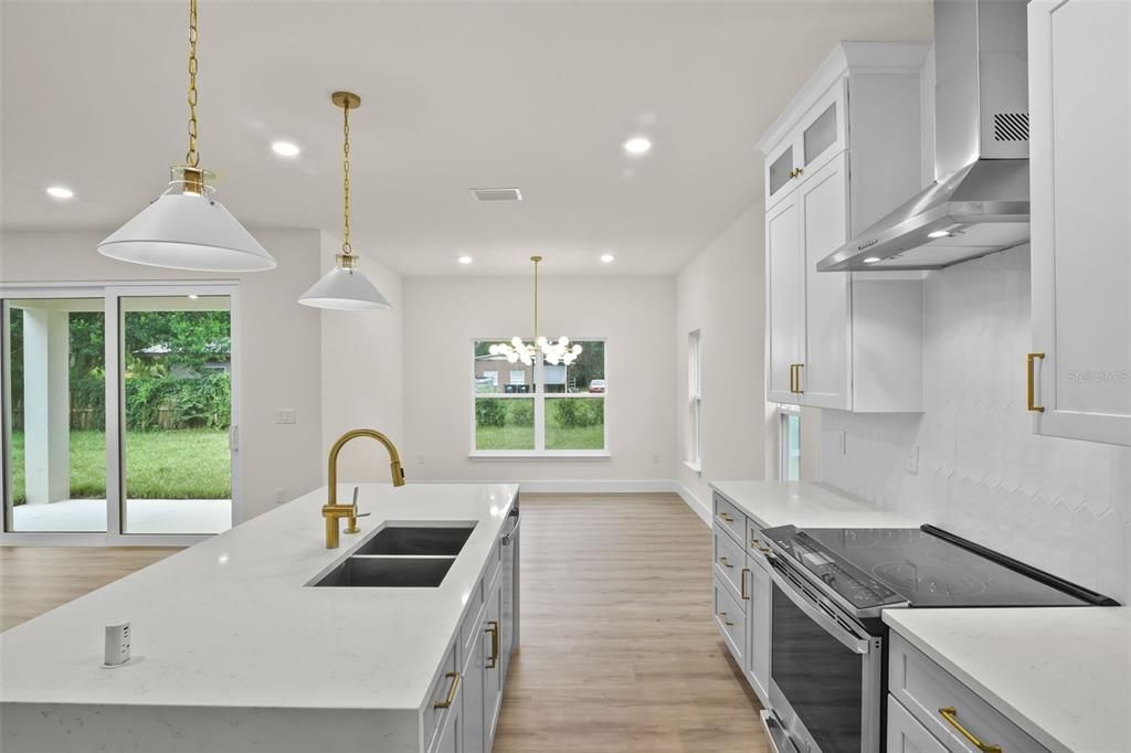Chandelier, Interior, Kitchen, Pendant Lights, Recessed Lighting, Wood Texture Flooring