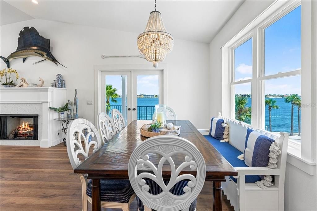 Chandelier, Dining room, Fireplace, Interior, Water, Wood Texture Flooring