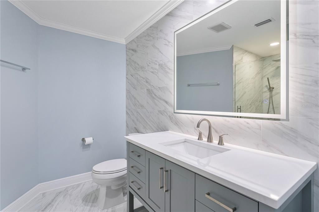 Bathroom, Interior, Marble, Marble Walls, Recessed Lighting