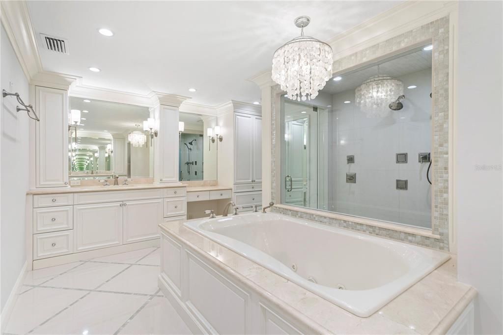 Bathroom, Chandelier, Dual Sink Vanities, Interior, Recessed Lighting