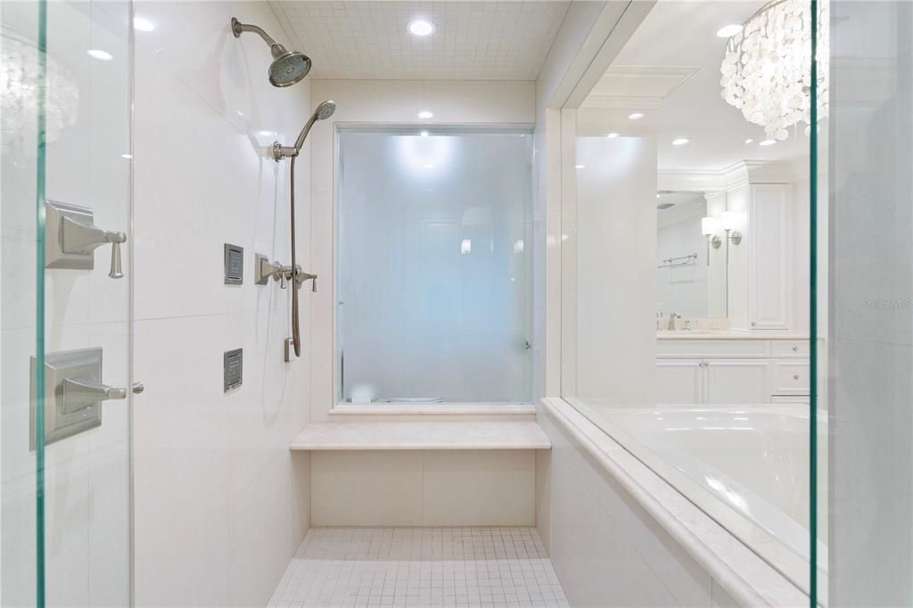 Bathroom, Chandelier, Glass Shower, Interior, Recessed Lighting