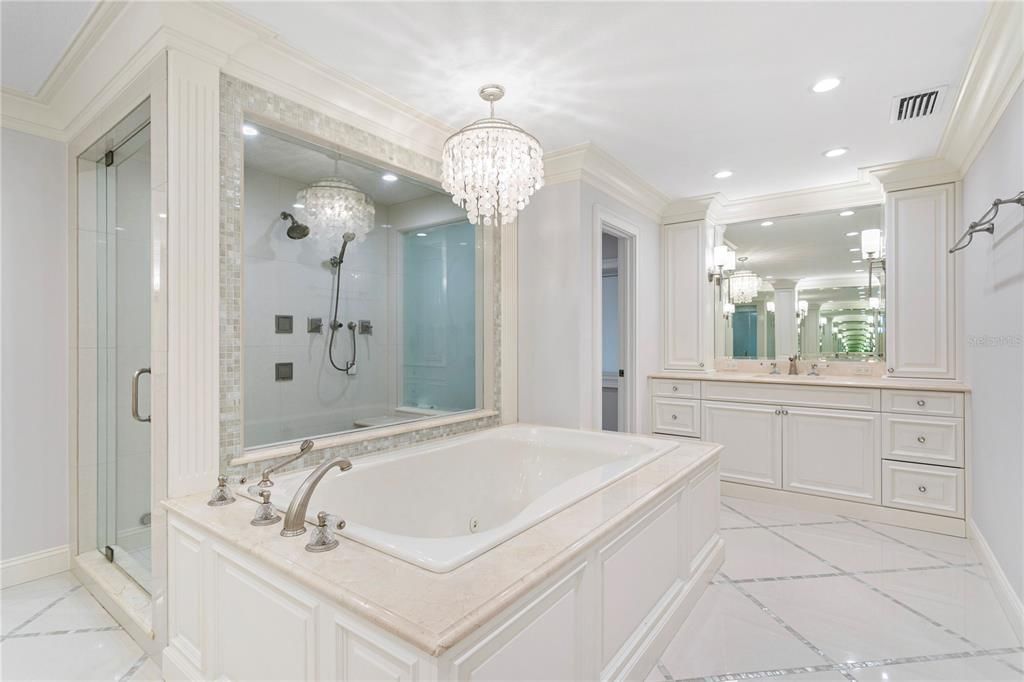 Bathroom, Chandelier, Interior, Marble, Recessed Lighting