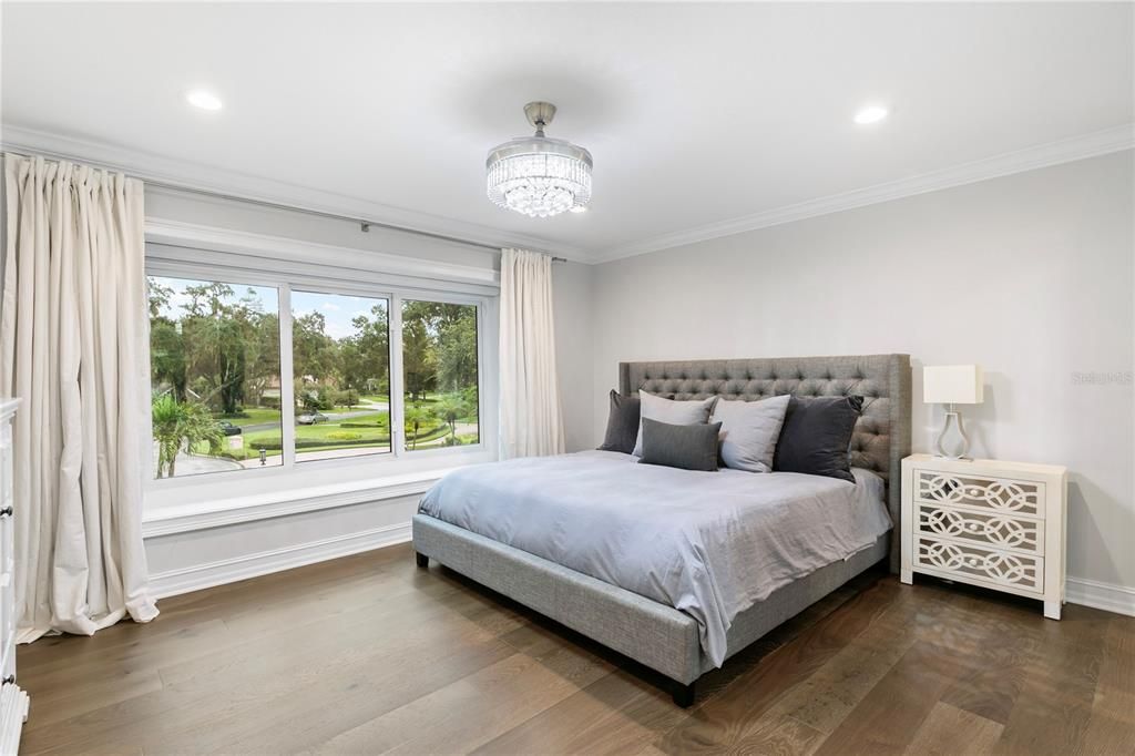 Bedroom, Chandelier, Interior, Recessed Lighting, Wood Texture Flooring