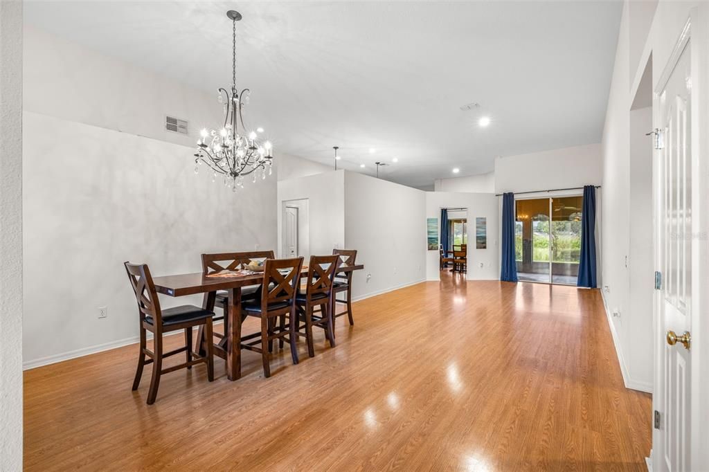 Chandelier, Dining room, Interior, Recessed Lighting, Wood Texture Flooring