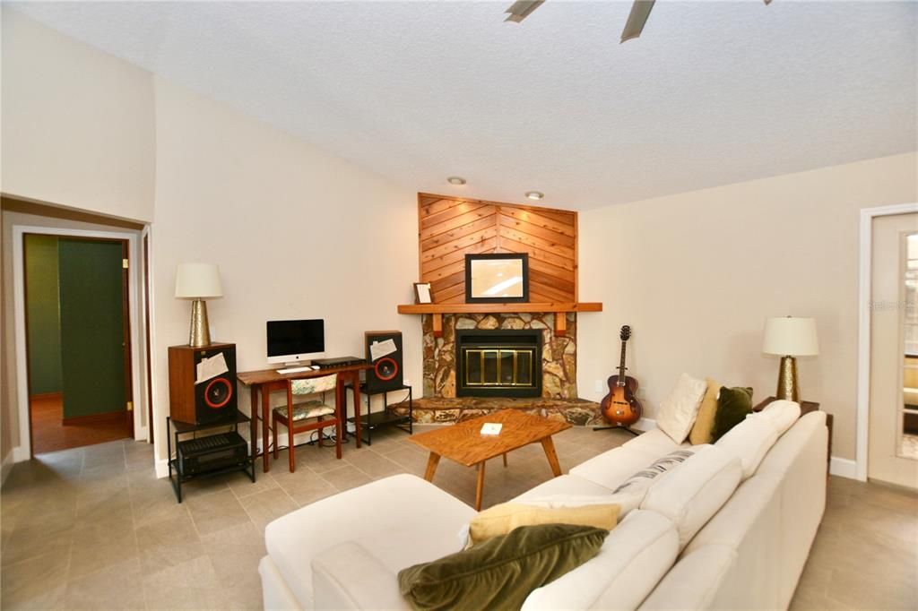 Fireplace, Interior, Living room, Recessed Lighting, Wooden Walls