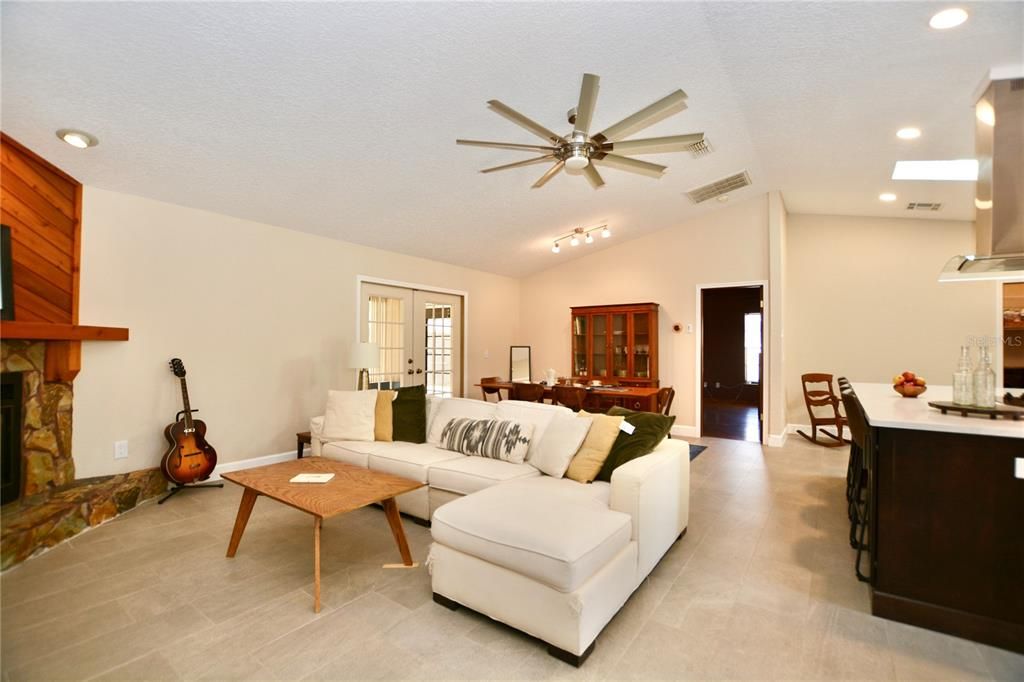 Dining room, Fireplace, Interior, Living room, Recessed Lighting