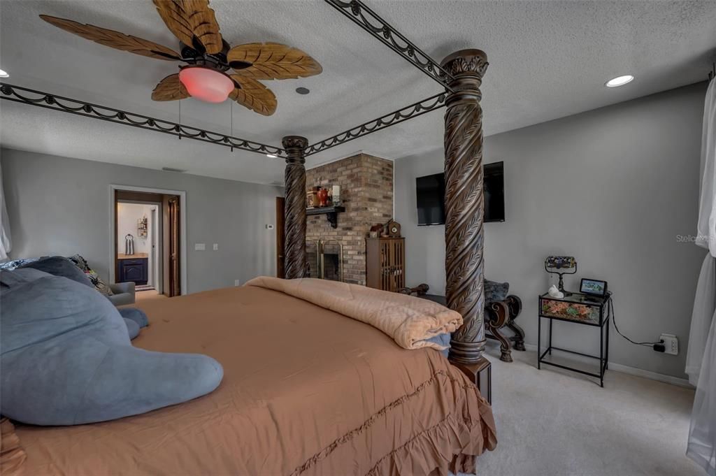 Bedroom, Fireplace, Interior, Recessed Lighting, Stone Walls