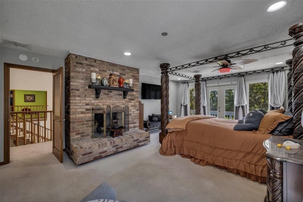 Bedroom, Fireplace, Interior, Recessed Lighting, Stone Walls