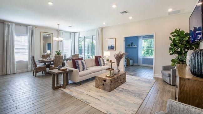 Chandelier, Dining room, Interior, Living room, Pendant Lights, Recessed Lighting, Wood Texture Flooring
