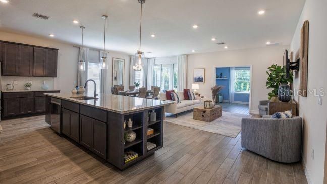 Dining room, Interior, Kitchen, Living room, Pendant Lights, Recessed Lighting, Wood Texture Flooring
