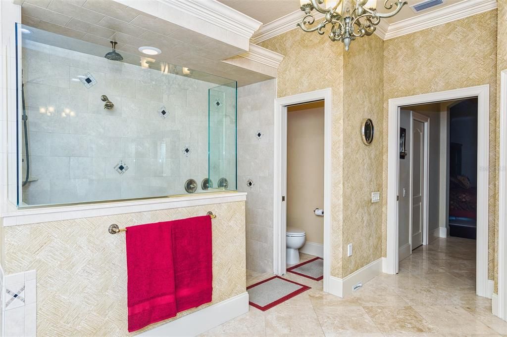 Bathroom, Chandelier, Glass Shower, Interior, Recessed Lighting