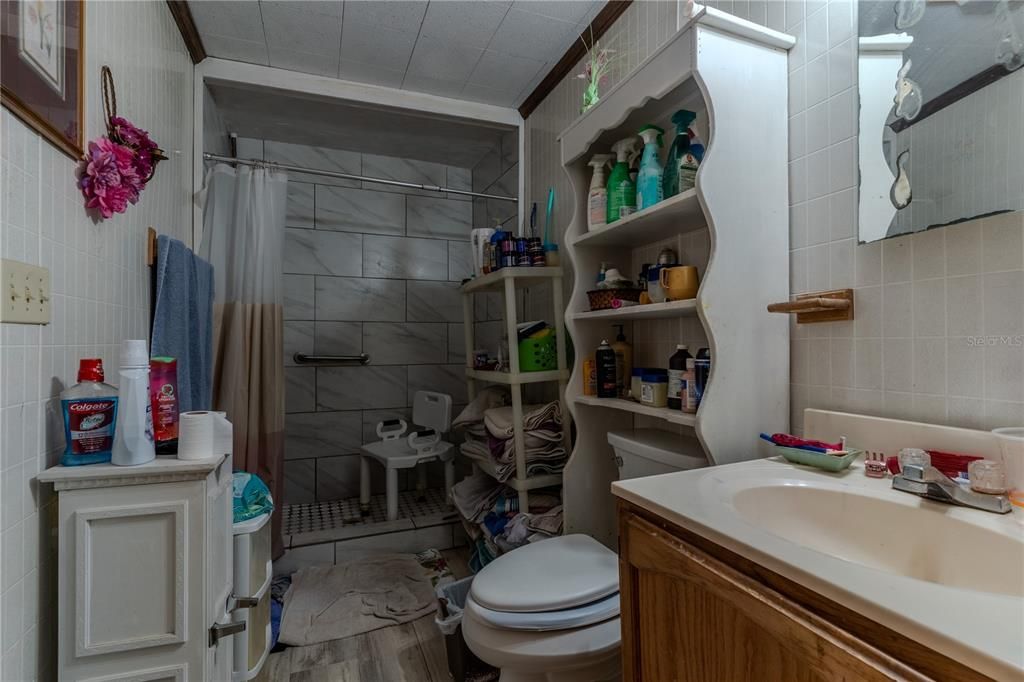 Bathroom, Interior, Marble Walls, Wood Texture Flooring