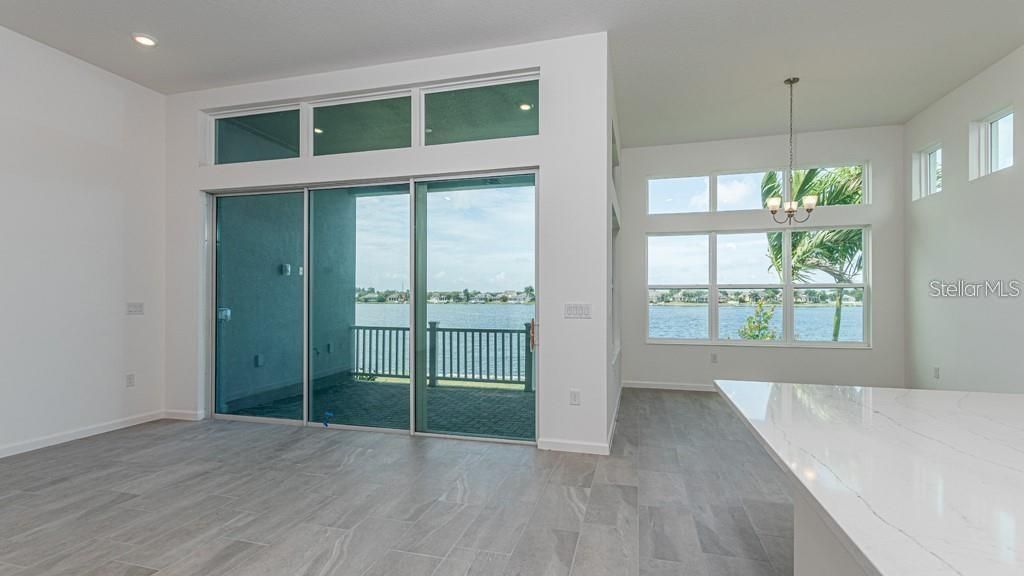 Empty room, Interior, Pendant Lights, Recessed Lighting, Water, Wood Texture Flooring