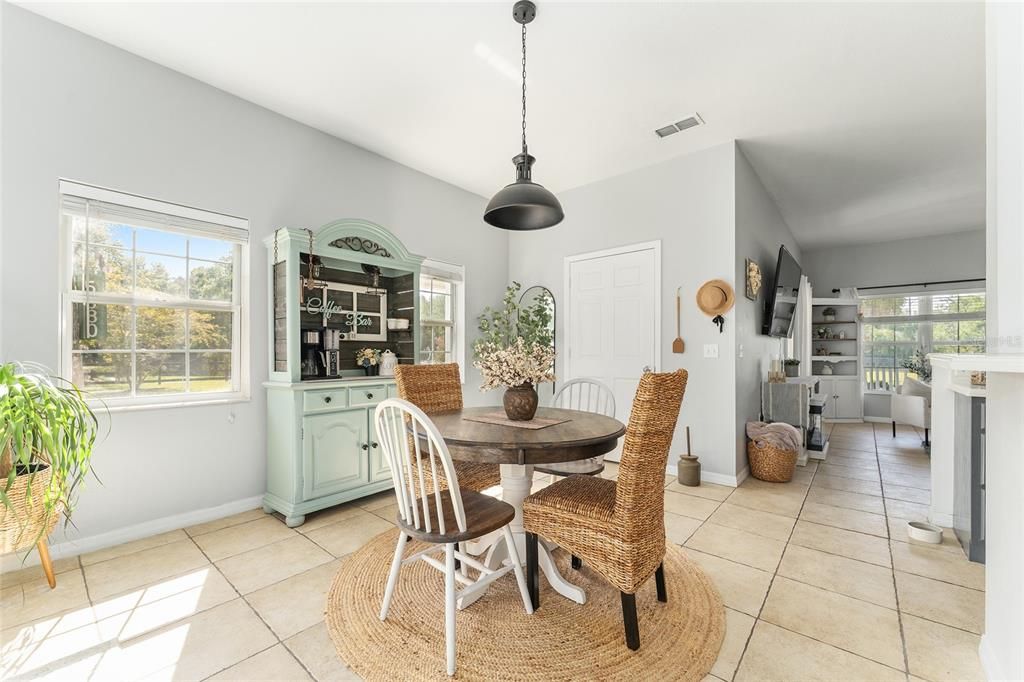 Dining room, Fireplace, Interior, Pendant Lights