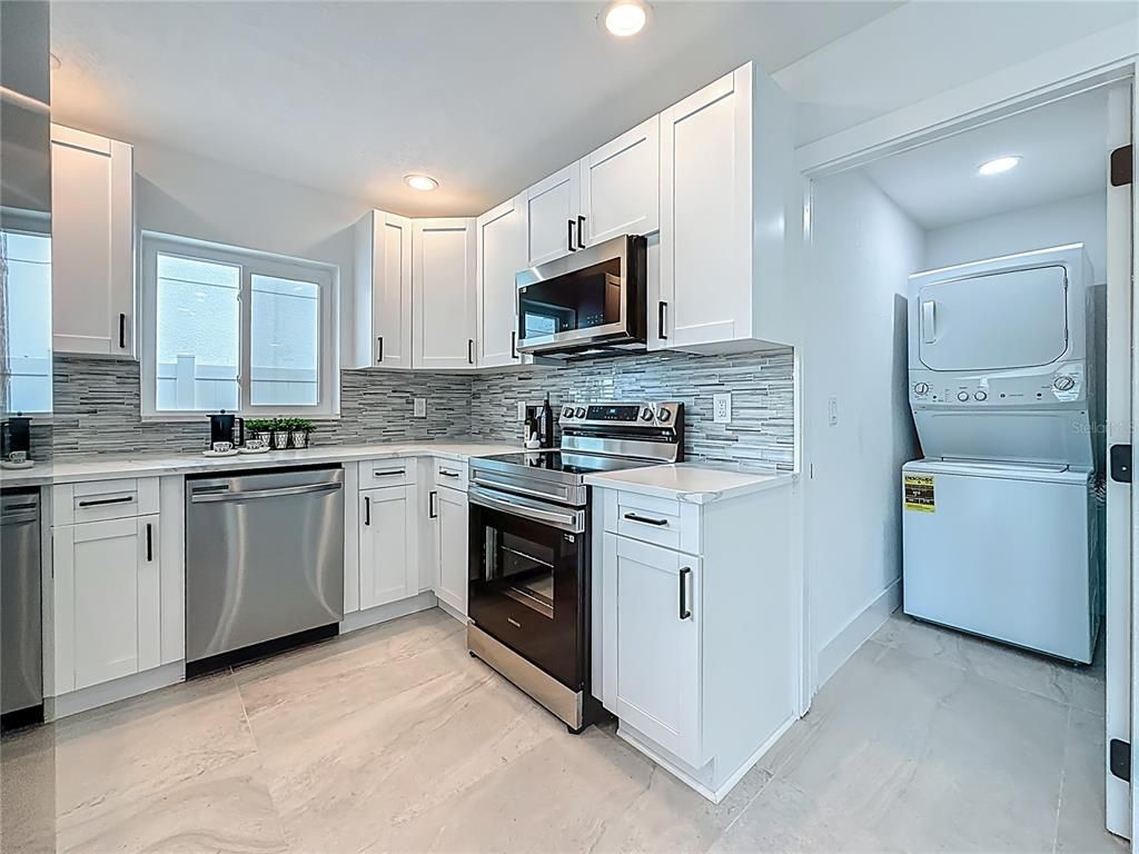 Interior, Kitchen, Marble, Recessed Lighting, Stainless Steel Appliances, Washer