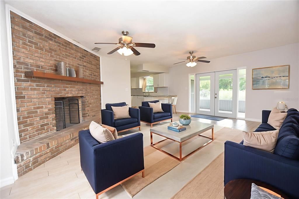 Fireplace, Interior, Living room, Stone Walls, Wood Texture Flooring