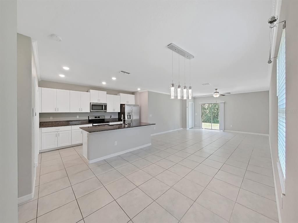 Empty room, Interior, Kitchen, Pendant Lights, Recessed Lighting, Stainless Steel Appliances