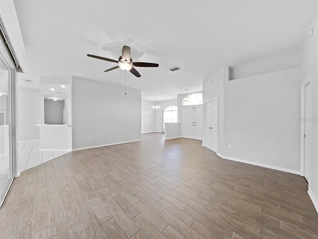 Empty room, Interior, Pendant Lights, Recessed Lighting, Wood Texture Flooring